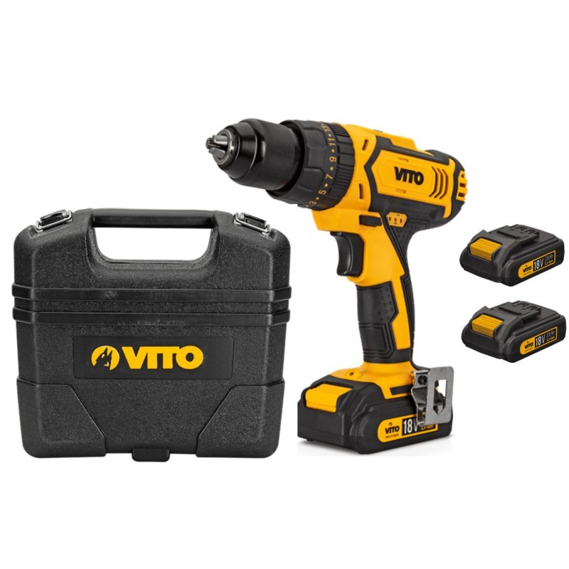 Perceuse visseuse sans fil 18V + 2 Batteries Lithium 2.0Ah Mallette Professionnelle de 18 accessoires de vissage et perçage VITO