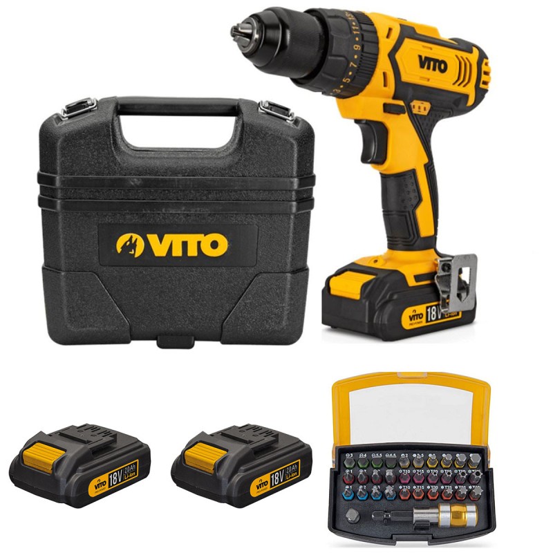 Perceuse sans fil 18V 2 Batteries Lithium 2Ah + Chargeur + Coffret de vissage 32 pièces VITO