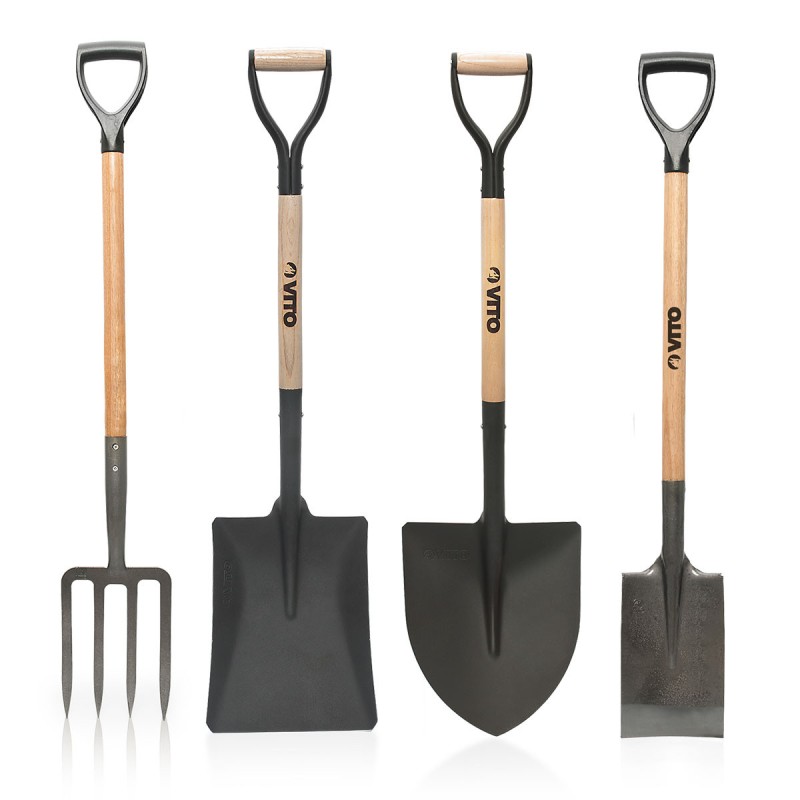 Pack 4 outils de jardin Acier Manche en Bois Fourche + Pelle carrée + Pelle ronde + Bêche VITO