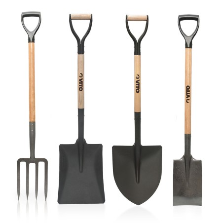 Pack 4 outils de jardin Acier Manche en Bois Fourche + Pelle carrée + Pelle ronde + Bêche VITO