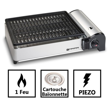 Barbecue gaz portable 1900W, Plancha gaz anti‑adhésive avec sac, Idéal camping, terrasse, balcon KEMPER