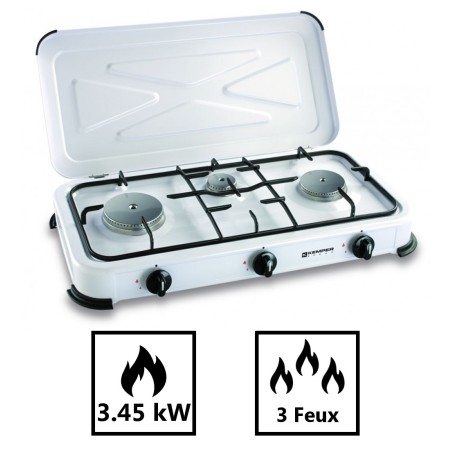 Réchaud gaz portable 3 feux 3450W Blanc laqué Couvercle Plaque de cuisson KEMPER