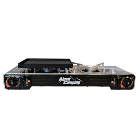 Réchaud gaz 2 feux 4400W et Plaque plancha 26 x 23cm 2en1 Allumage piezo TEXAS ALPEN Camping