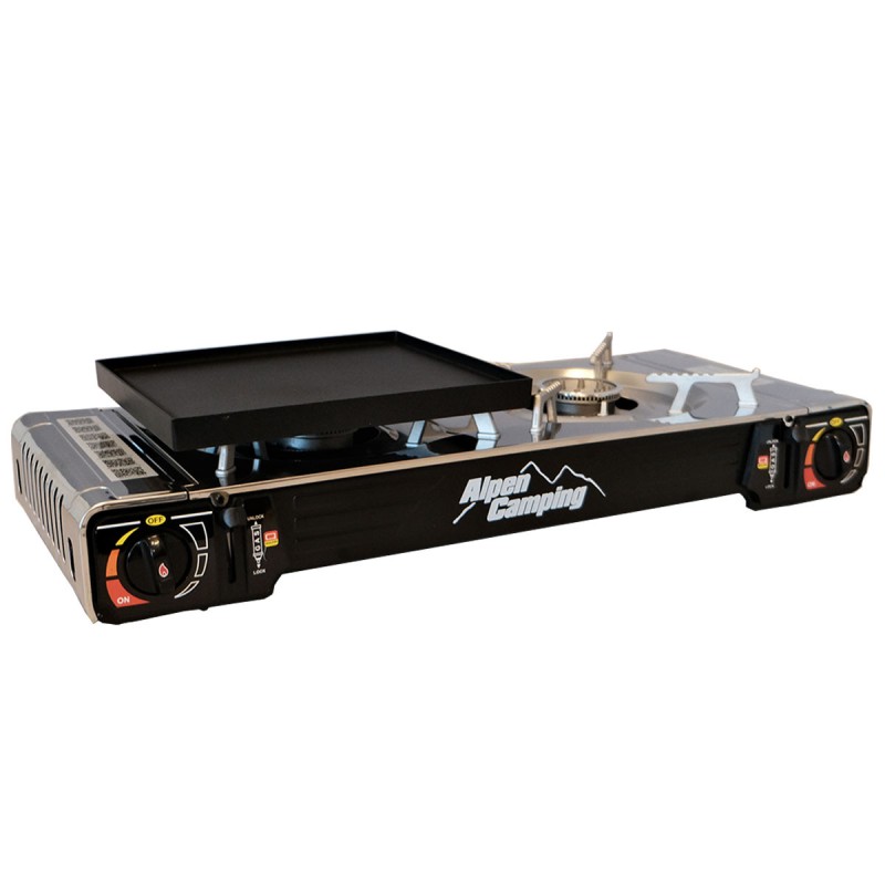 Réchaud gaz 2 feux 4400W et Plaque plancha 26 x 23cm 2en1 Allumage piezo TEXAS ALPEN Camping