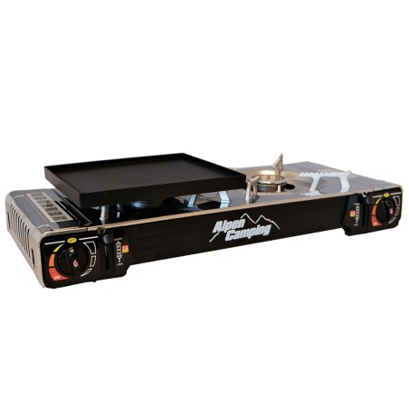 Réchaud gaz 2 feux 4400W et Plaque plancha 26 x 23cm 2en1 Allumage piezo TEXAS ALPEN Camping