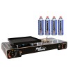 Réchaud 2 feux Gaz 4400W + Plancha Allumage piezo Portable ALPEN + 4 cartouches 250 gr butane