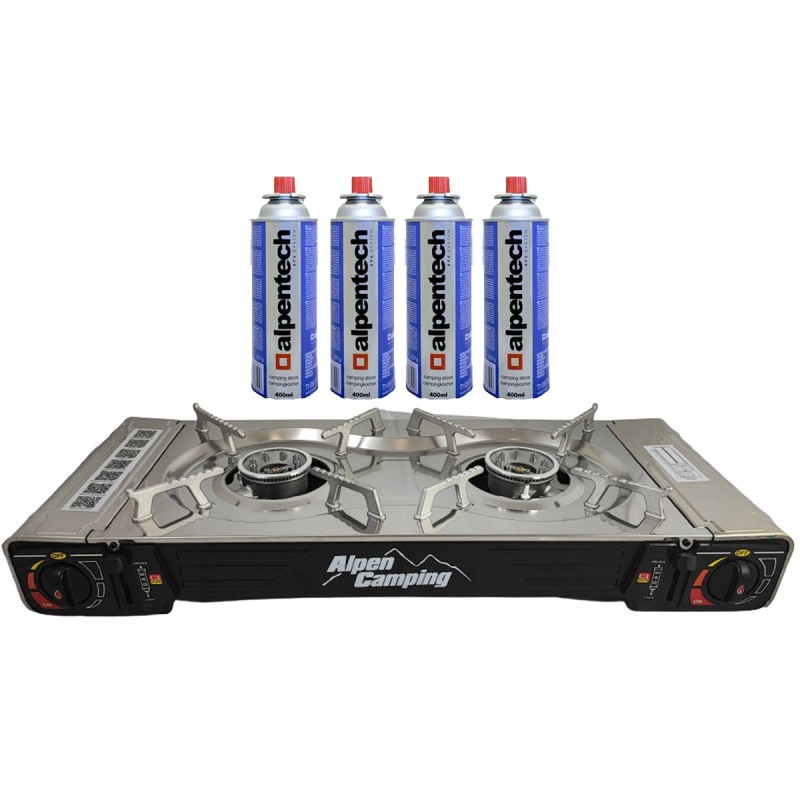 Réchaud à gaz 2 feux 4400W  INOX + Cartouches de gaz ALPEN Camping