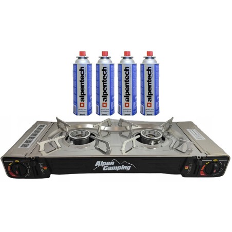 Réchaud à gaz 2 feux 4400W  INOX + Cartouches de gaz ALPEN Camping