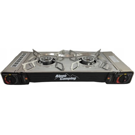Réchaud 2 feux Gaz 4400W + Plancha Allumage piezo Portable ALPEN + 4 cartouches 250 gr butane