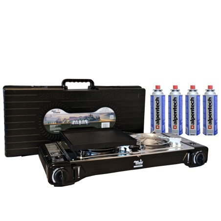 Réchaud gaz double 4400W + plancha 26 x 23 cm + 4 cartouches 250 gr Pack cuisson Toscania Alpen