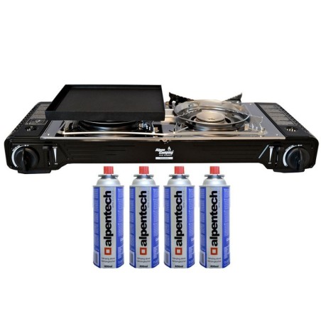 Réchaud gaz double 4400W + plancha 26 x 23 cm + 4 cartouches 250 gr Pack cuisson Toscania Alpen