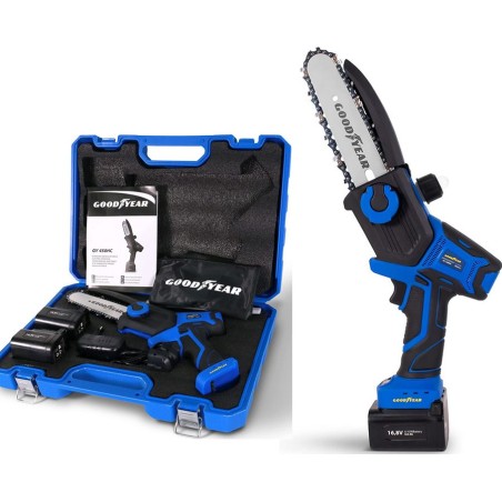 Scie elagage sans fil 16,8V 2 batteries lithium 4Ah Chargeur et kit d'outils inclus Mini Tronçonneuse GOODYEAR