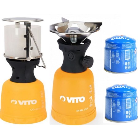 Kit Camping Lampe à gaz et Réchaud gaz + 2 Cartouches gaz 190gr Perçables VITO
