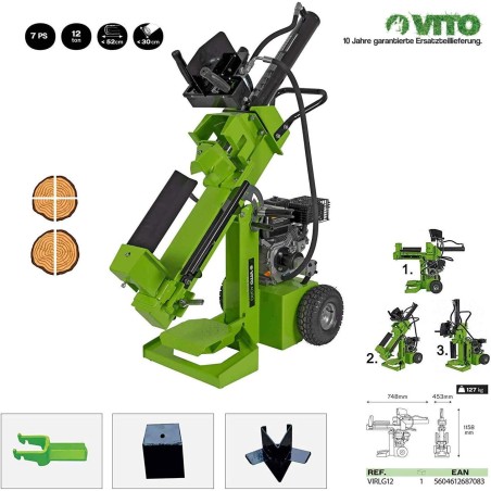 Fendeuse à bois thermique 12 tonnes Bûches Longueur 52cm Ø30cm Moteur essence 4T 7CV VITO
