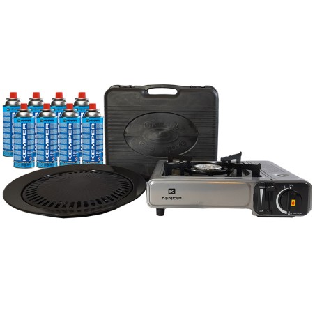 Barbecue gaz Grill 2en1 Réchaud gaz piézo 2200 W + 8 cartouches gaz butane KEMPER