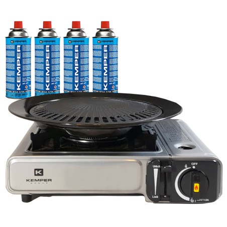 Barbecue gaz Grill 2en1 Réchaud gaz piézo 2200 W + 4 cartouches gaz butane KEMPER