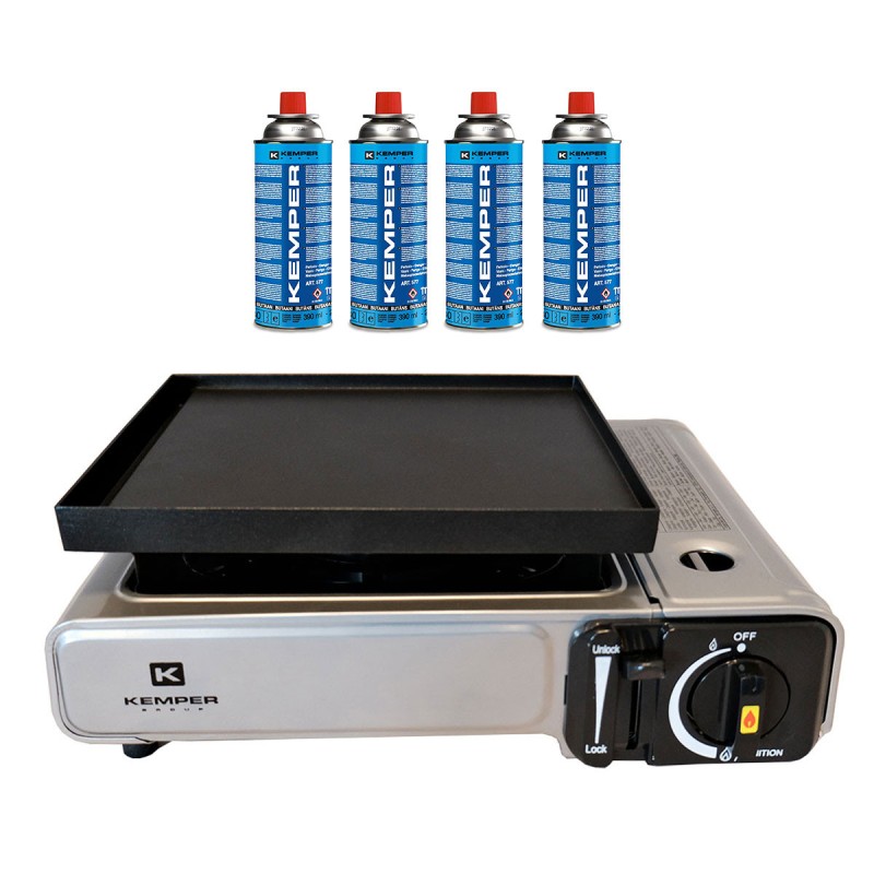 Réchaud et plancha à gaz 2en1 NOMADE 2200W Acier KEMPER + plaque plancha 26 x 23 cm + 4 cartouches gaz