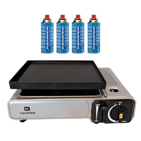 Réchaud et plancha à gaz 2en1 NOMADE 2200W Acier KEMPER + plaque plancha 26 x 23 cm + 4 cartouches gaz