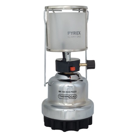Lampe à gaz 140W + 4 cartouches de gaz 190 gr Lanterne coque inox verre pyrex Allumage piezo camping et maison