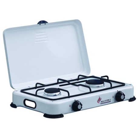 Réchaud à gaz 2 feux 3200W Brûleurs fonte amovibles Couvercle Plaque de cuisson Gaz Butane ou Propane GOLD