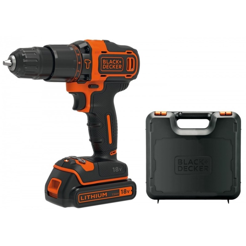 Perceuse à percussion sans fil 18V + Batterie lithium 1,5Ah Black + Decker + Chargeur + Coffret rangement
