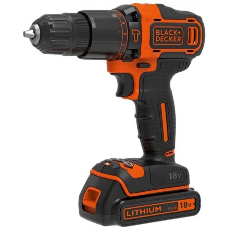 Perceuse à percussion sans fil 18V + Batterie lithium 1,5Ah Black + Decker + Chargeur + Coffret rangement