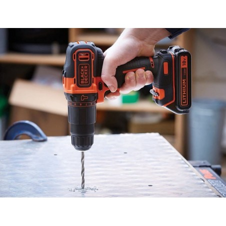 Perceuse à percussion sans fil 18V + Batterie lithium 1,5Ah Black + Decker + Chargeur + Coffret rangement