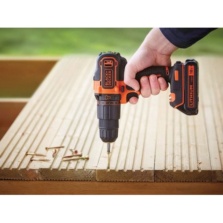 Perceuse à percussion sans fil 18V + Batterie lithium 1,5Ah Black + Decker + Chargeur + Coffret rangement