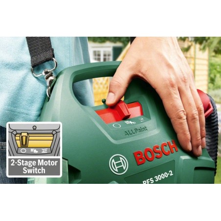 Pistolet à peinture 650W Bosch PFS 3000-2 Flacon de 1000 ml. Système SDS. 2 Buses d'application. Sangle de transport