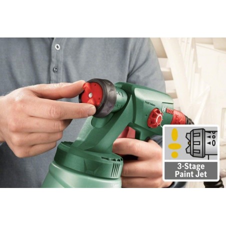 Pistolet à peinture 440w Bosch PFS 2000 2 flacons de 800 ml. 3 positions de réglage. 2 buses d'utilisation. Sangle.