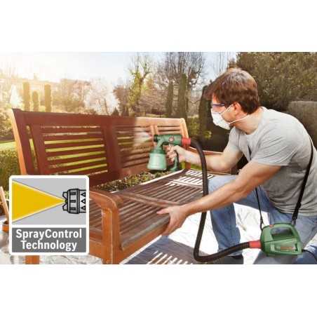 Pistolet à peinture 440w Bosch PFS 2000 2 flacons de 800 ml. 3 positions de réglage. 2 buses d'utilisation. Sangle.