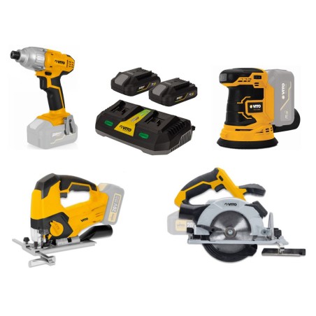 Pack 4 Outils sans fil 20V + 2 Batteries lithium 2.0 Ah + Chargeur double VITO