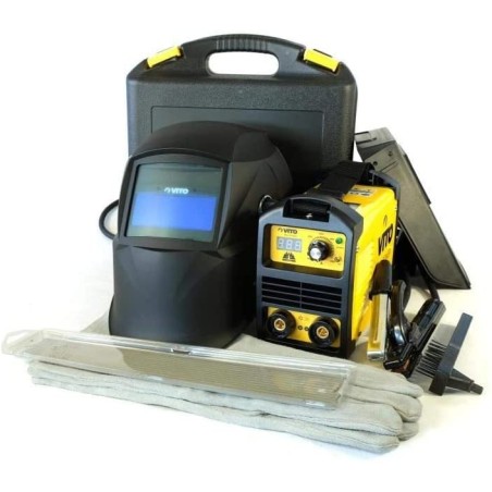 Poste à souder inverter 140 Ampères + Cagoule LCD 9/13 + Lot 12 électrodes Acier Ø 2.5mm gants de soudure VITO