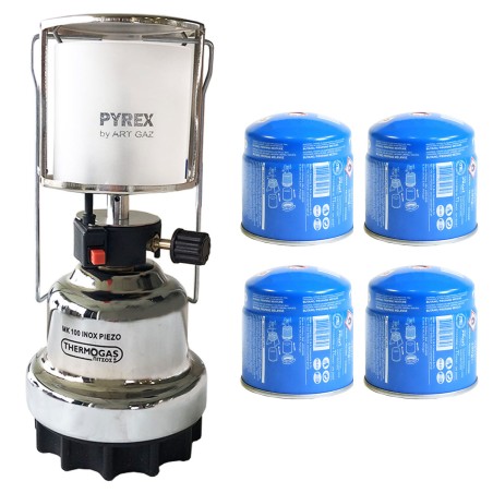 Lampe à gaz 140W + 4 cartouches de gaz 190 gr Lanterne coque inox verre pyrex Allumage piezo camping et maison