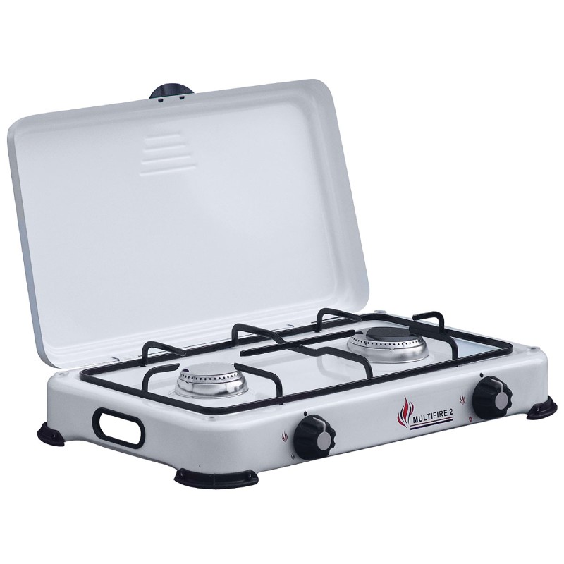 Plaque de cuisson gaz portable 2 feux 3200W Réchaud à gaz butane ou propane Blanc laqué Couvercle