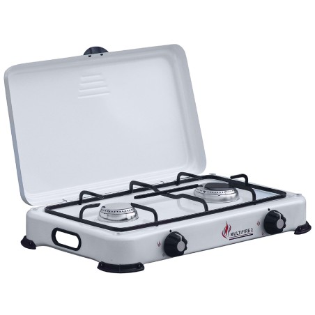 Plaque de cuisson gaz portable 2 feux 3200W Réchaud à gaz butane ou propane Blanc laqué Couvercle