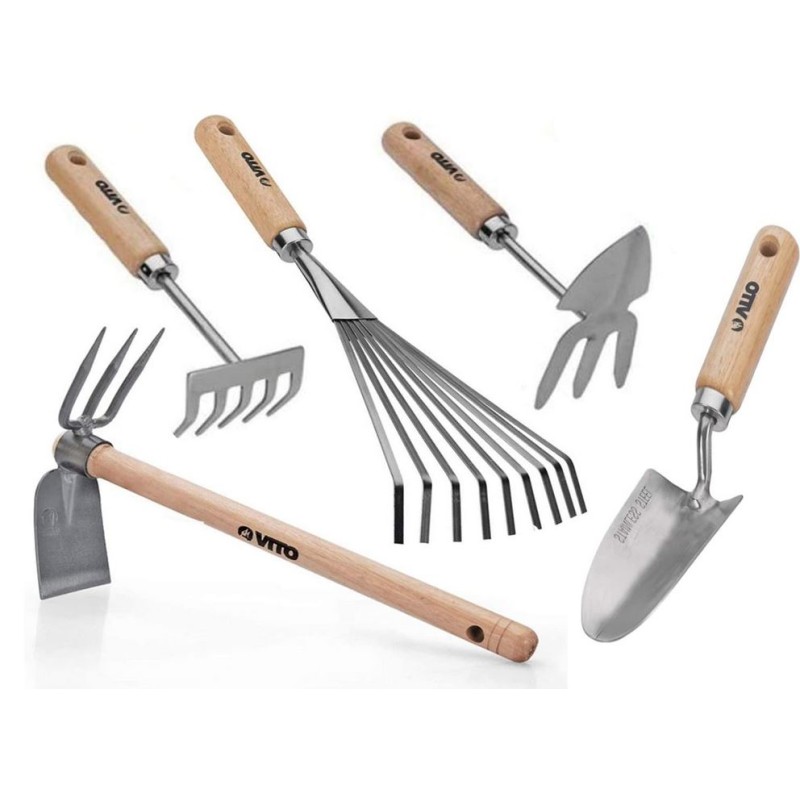 Kit 5 outils de jardin Manche bois Inox et Fer forgés à la main Haute qualité VITO
