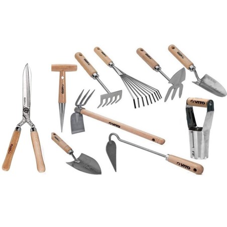 Kit 10 outils de jardin Manche bois Inox et Fer forgés à la main Haute qualité VITO