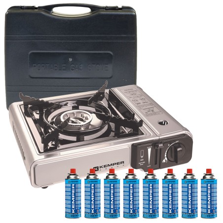 Réchaud à gaz 2200W + 8 cartouches de gaz Détendeur de pression Double système de sécurité. Puissance réglable KEMPER