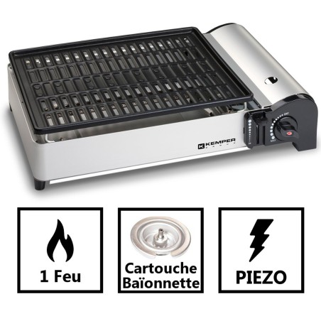 Barbecue à gaz 1900W Grille anti adhesive + 16 cartouches gaz camping KEMPER