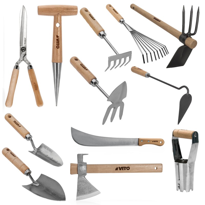 Kit 12 outils de jardin Manche bois Inox et Fer forgés à la main haute qualité traditionnelle  VITO