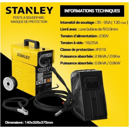 Poste à souder Mig Sans gaz STARMIG130 Régulation Automatique du fil STANLEY