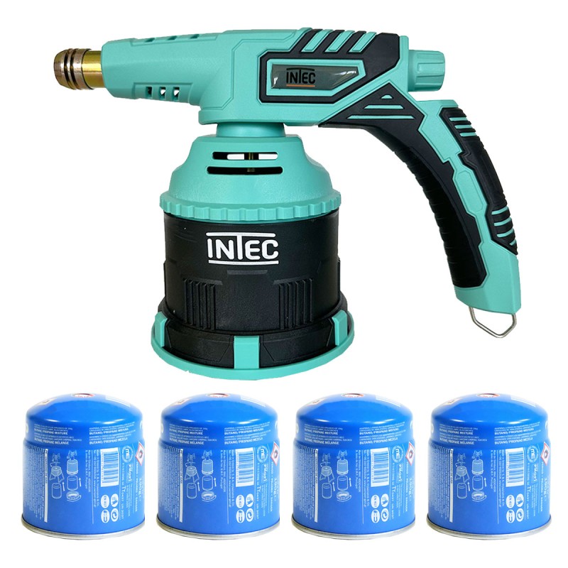 Lampe à souder à gaz 1300W Chalumeau gaz Allumage piezo + 4 Cartouches de gaz 190gr Perçables Bruleur INTEC