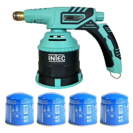 Lampe à souder à gaz 1300W Chalumeau gaz Allumage piezo + 4 Cartouches de gaz 190gr Perçables Bruleur INTEC