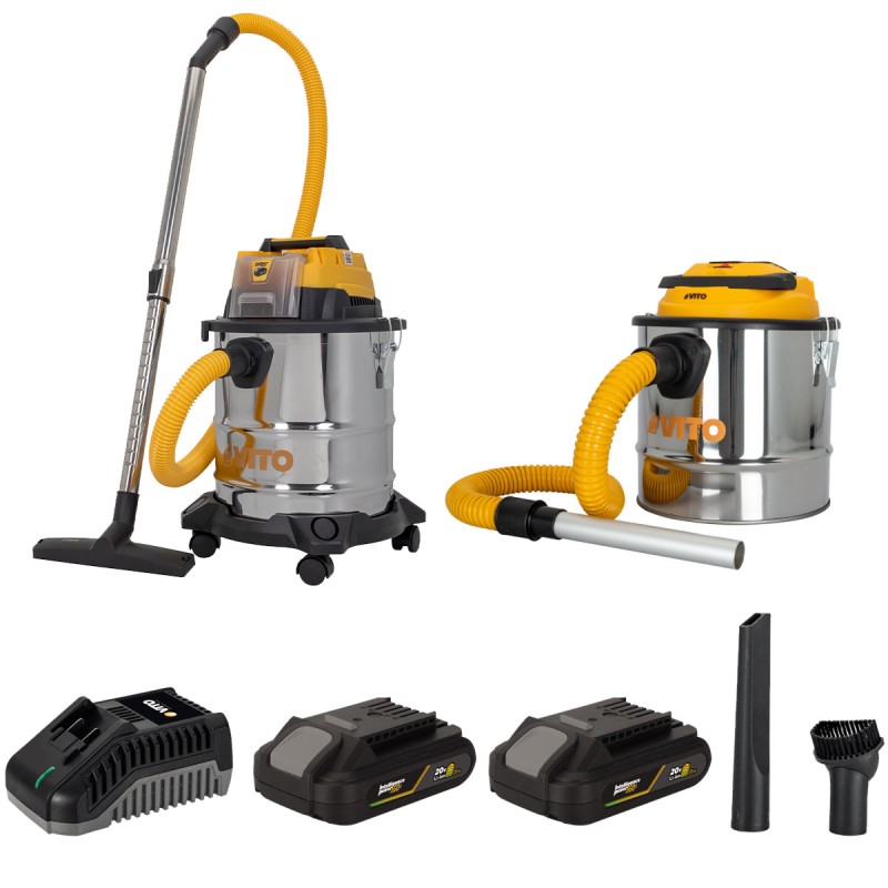 Pack 2 Aspirateurs à batterie 20V Eau Poussières Cendres + 2 Batterie lithium 2.0Ah + Chargeur Cuves INOX 20L et 12L VITO