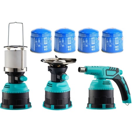 Pack 3 Outils Lampe à gaz + Réchaud gaz + Lampe à souder + 4 Cartouches de gaz 190gr INTEC