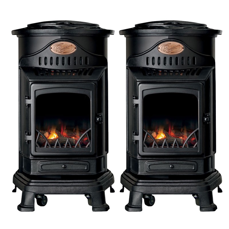Poêle à gaz Provence en fonte 3400W Pack de 2 Noir Effet feu Chauffage d'appoint gaz sur roues