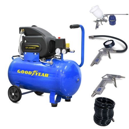 Compresseur d'air Silencieux 50 Litres 8 bar 2CV 1.5KW 115 PSI + Kit Air comprimé 5 pièces GOODYEAR