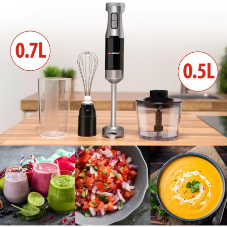 Mixeur plongeant Inox avec hachoir 1000W 2 Vitesses + Turbo Fouet ALPINA