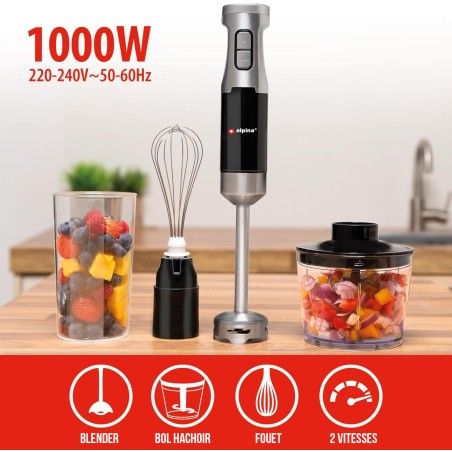 Mixeur plongeant Inox avec hachoir 1000W 2 Vitesses + Turbo Fouet ALPINA